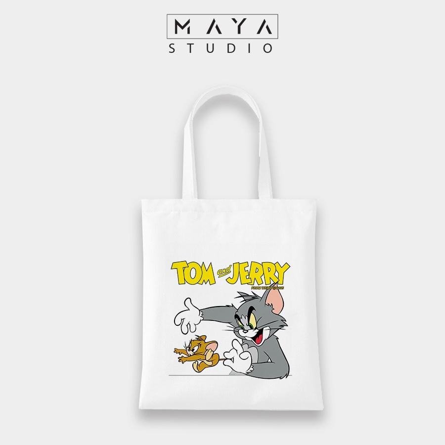 Túi Tote VUÔNG MAYA vải Canvas uzzang mèo TOM và chuột JERRY siêu đáng yêu