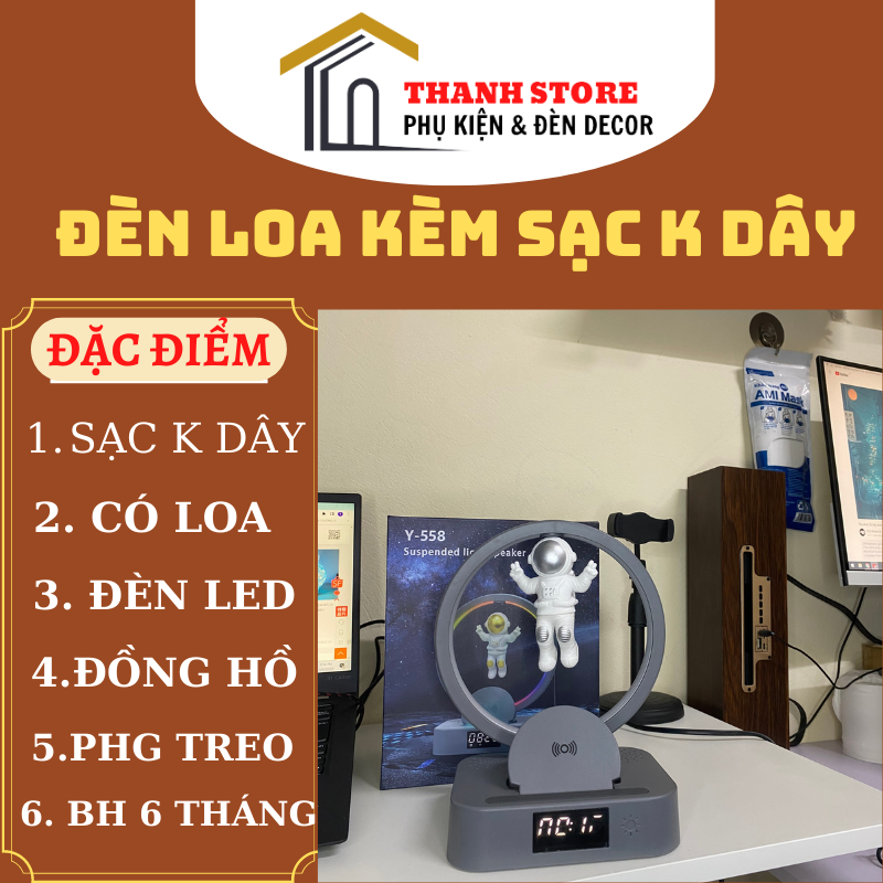 Đèn loa phi hành gia treo lơ lửng kèm sạc không dây , đồng hồ , đèn led nghe nhạc dercor cho mọi không gian làm quà tặng