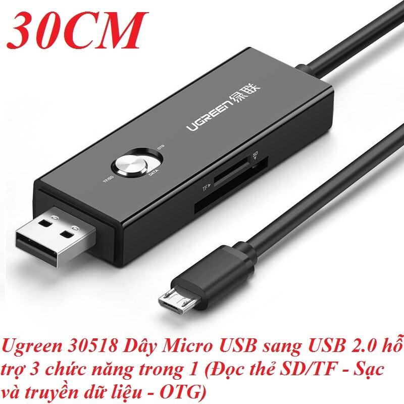 Ugreen UG30518US190TK 30CM màu Đen Cáp chuyển MICRO USB sang USB 2.0 đọc thẻ SD + TF hỗ trợ OTG - HÀNG CHÍNH HÃNG