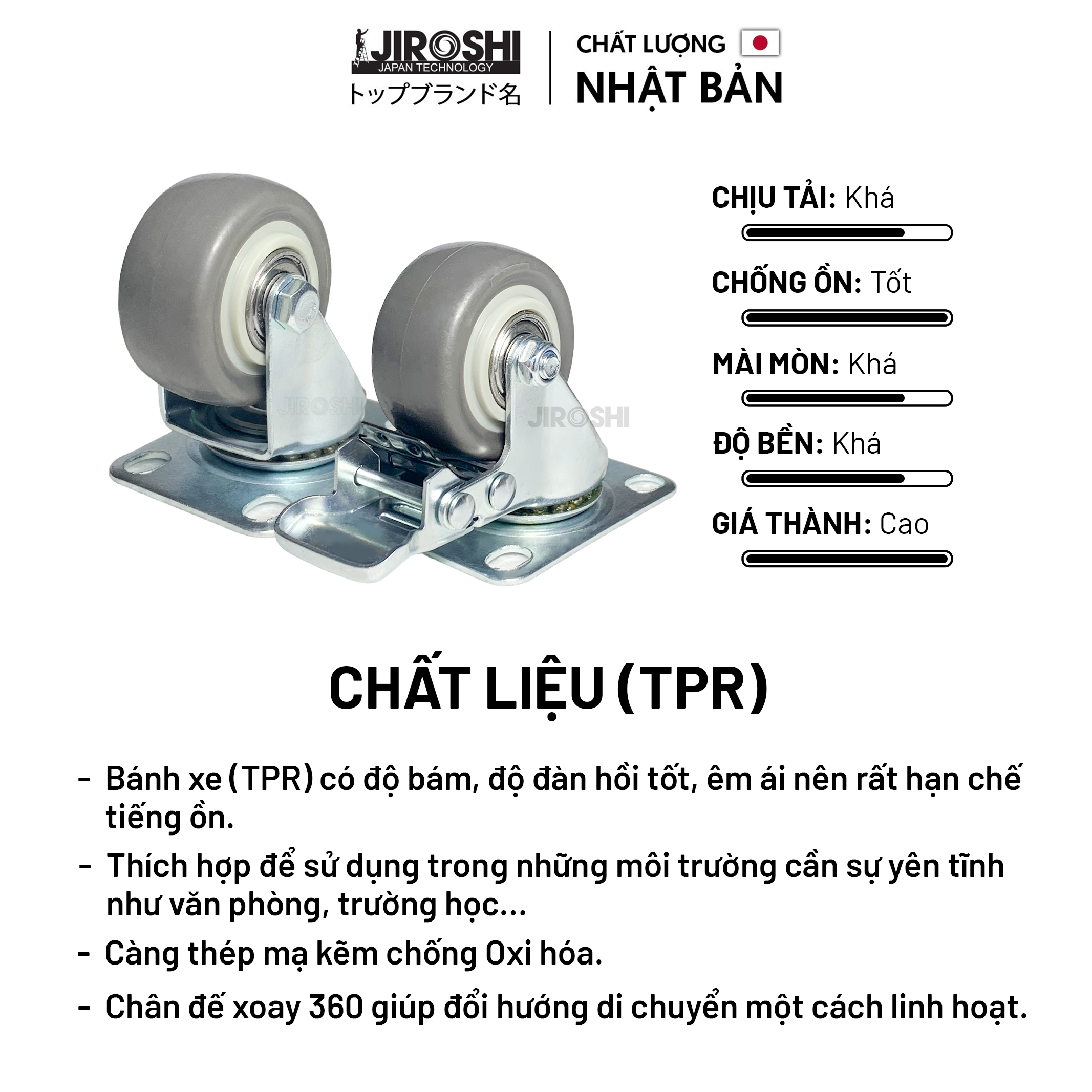 Bánh xe đẩy hàng cao su TPR chống ồn xoay 360 có khóa, có ổ bi, 50mm.