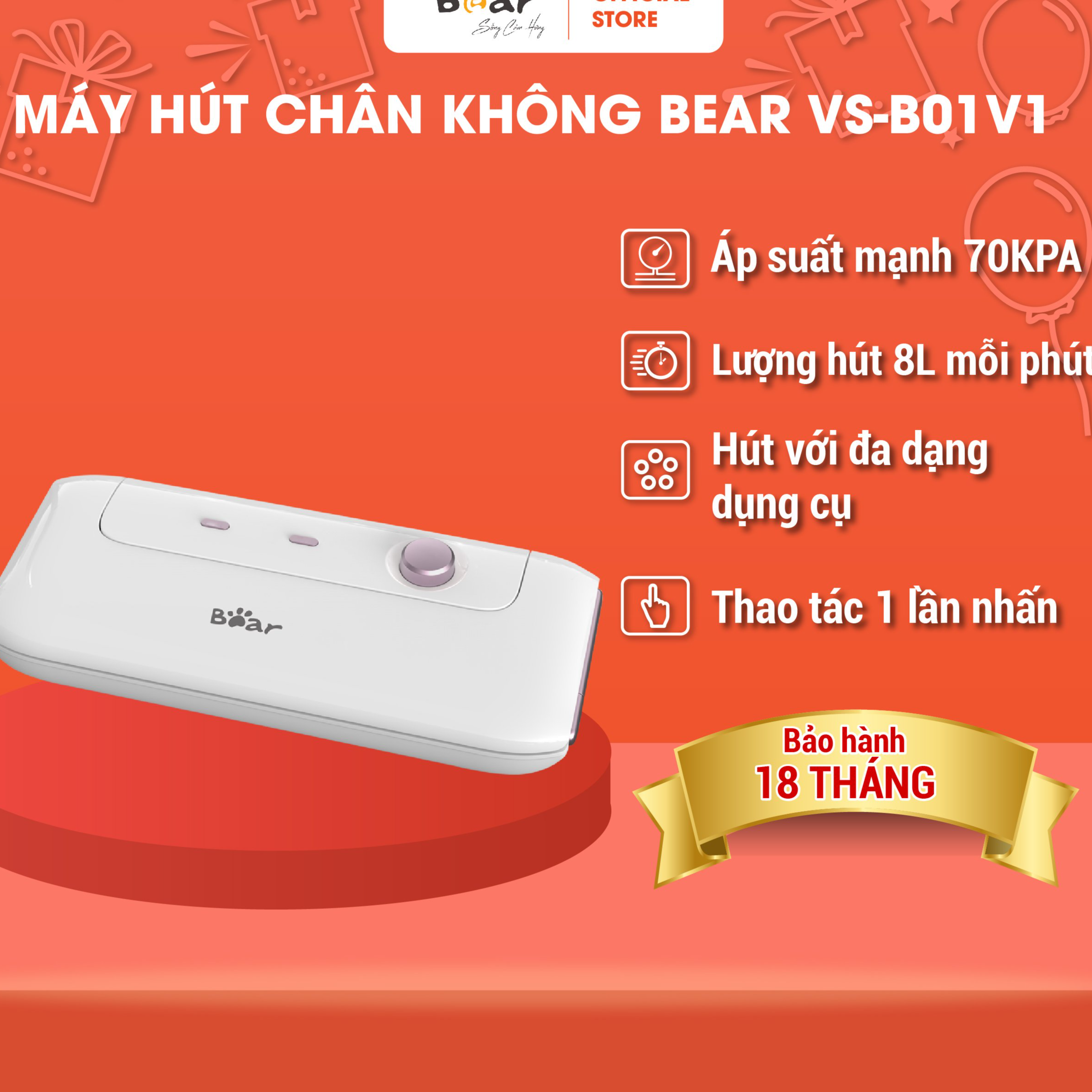 Máy Hút Chân Không Thực Phẩm Bear VS-B01V1 Hàn Miêng Túi Áp Suất Mạnh - Hàng Chính Hãng