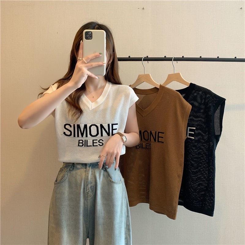 Áo lưới len Montoghi dệt kim in chữ SIMONE BILES tay hến cổ V hàng Quảng Châu xinh xắn