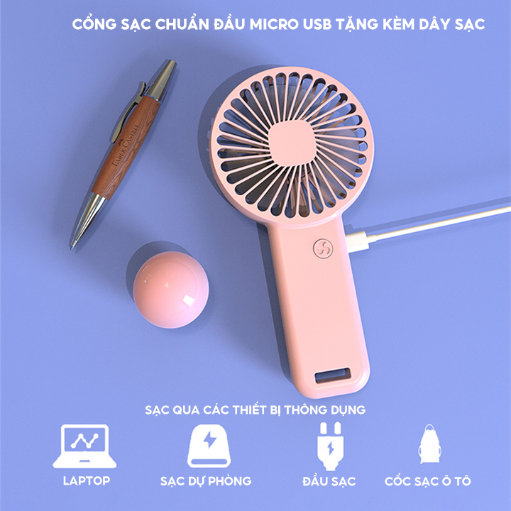 Quạt Tích Điện Mini Cầm Tay Kèm Giá Đỡ Điện Thoại Dung Lượng Pin 800mah