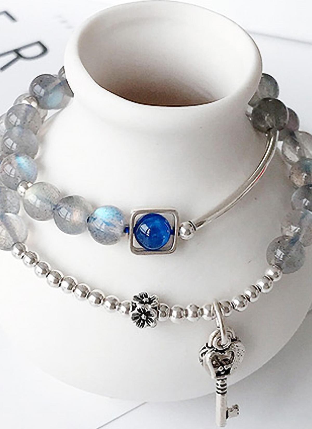 Vòng 2 line đá xà cừ ánh xanh phối charm khóa mệnh thủy, kim - Ngọc Quý Gemstones