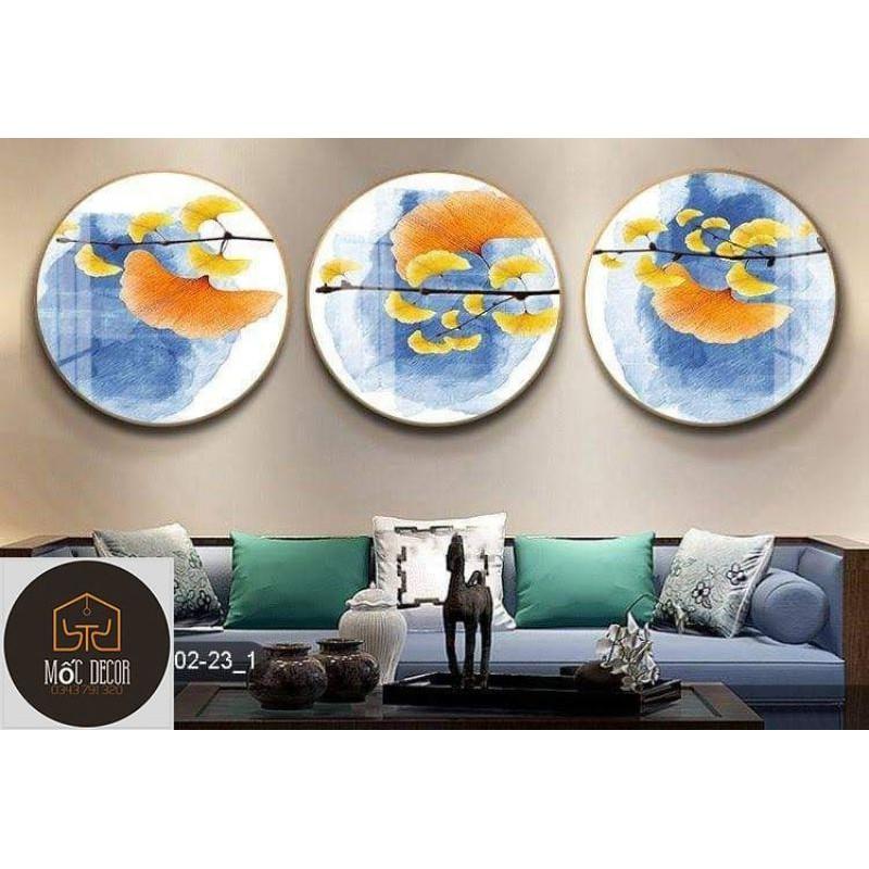 Xả sốc combo 3 bức tranh tráng gương tròn lá vàng xạnh