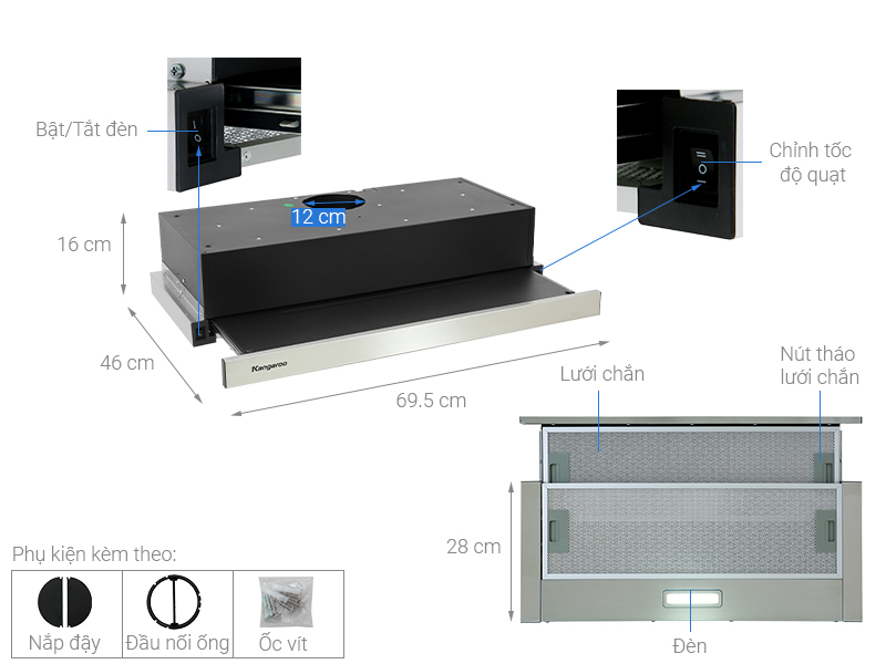 Máy hút mùi âm tủ Kangaroo KG70BH1 - Hàng chính hãng