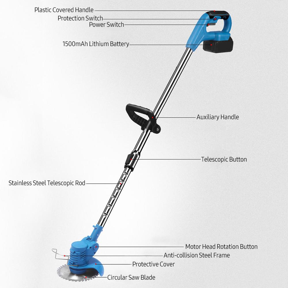 Geevorks 21V Telescopic Handheld Cordless Grass Trimmer Electric Lawn Mower 2 Pack 1500mAh Rechargeable Battery Fast Charger Multi Function Power Lithium Trimmer with Plastic/ Stainless Steel Blade, Circular Saw Blade