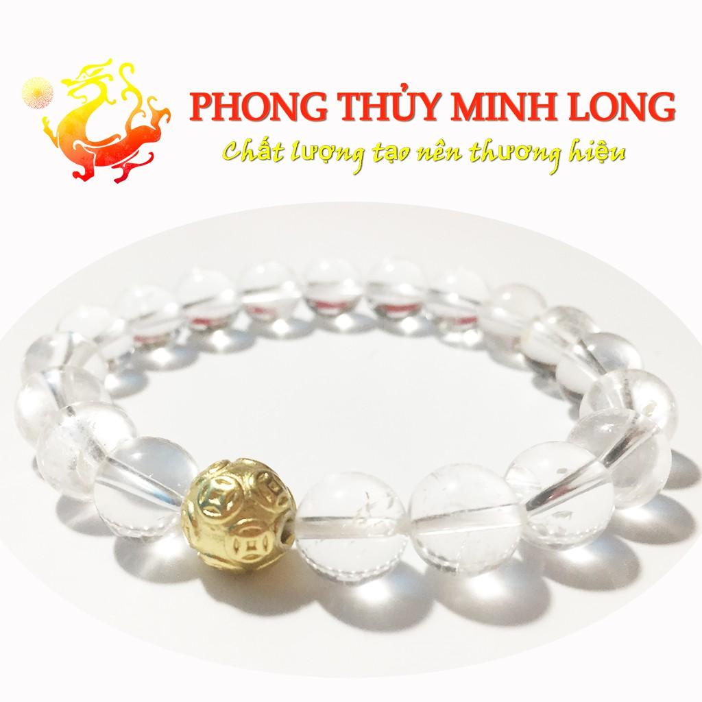 Vòng tay đá. thach anh Trắng chất lượng 5A mix 1 Hạt Kim Tiền Vàng hợp mệnh Kim và Thủy