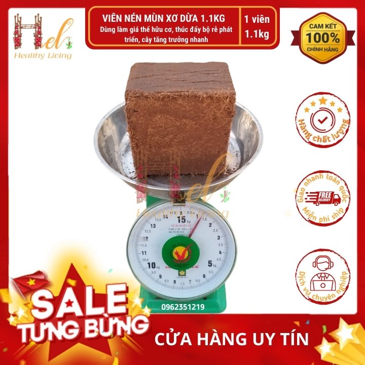 Xơ dừa nén mùn dừa nén 1.1 kg nở 5 lần trộn đất sạch + phân bón làm giá thể hữu cơ trồng rau sạch, hoa hồng, cây cảnh