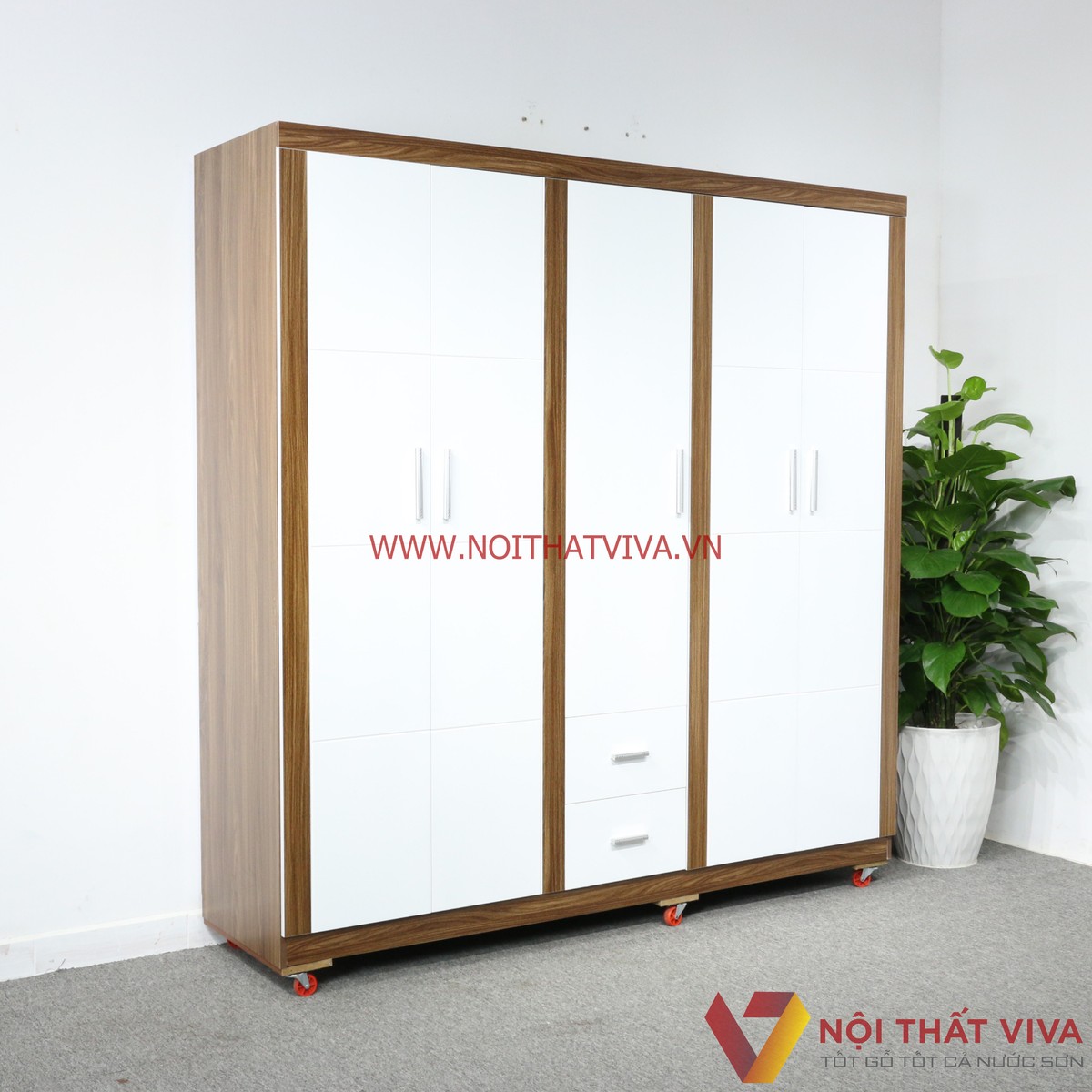 Tủ Áo 5 Cánh Gỗ MDF Melamine Màu Óc Chó Cánh Trắng Cao Cấp