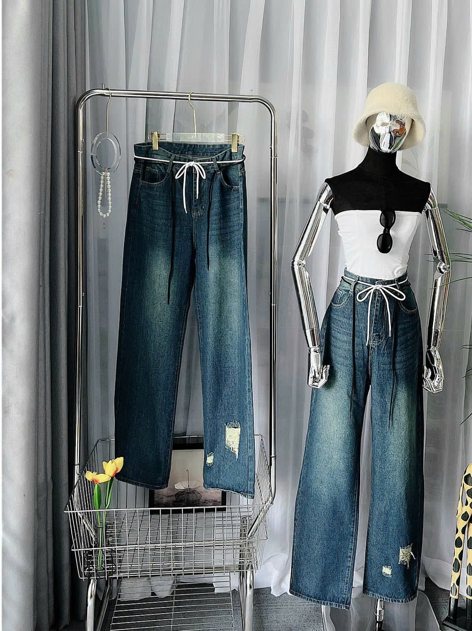 [Quần size đại] Quần jean nữ ống suông lưng cao, quần baggy jean nữ lưng bản to rút dây eo thời trang