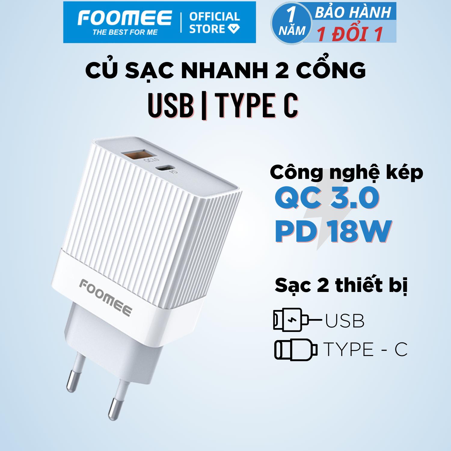 Củ sạc QC+PD18W FOOMEE CQ20 - Màu Trắng/Đen - Sạc Nhanh 3A 18W - Hàng chính hãng