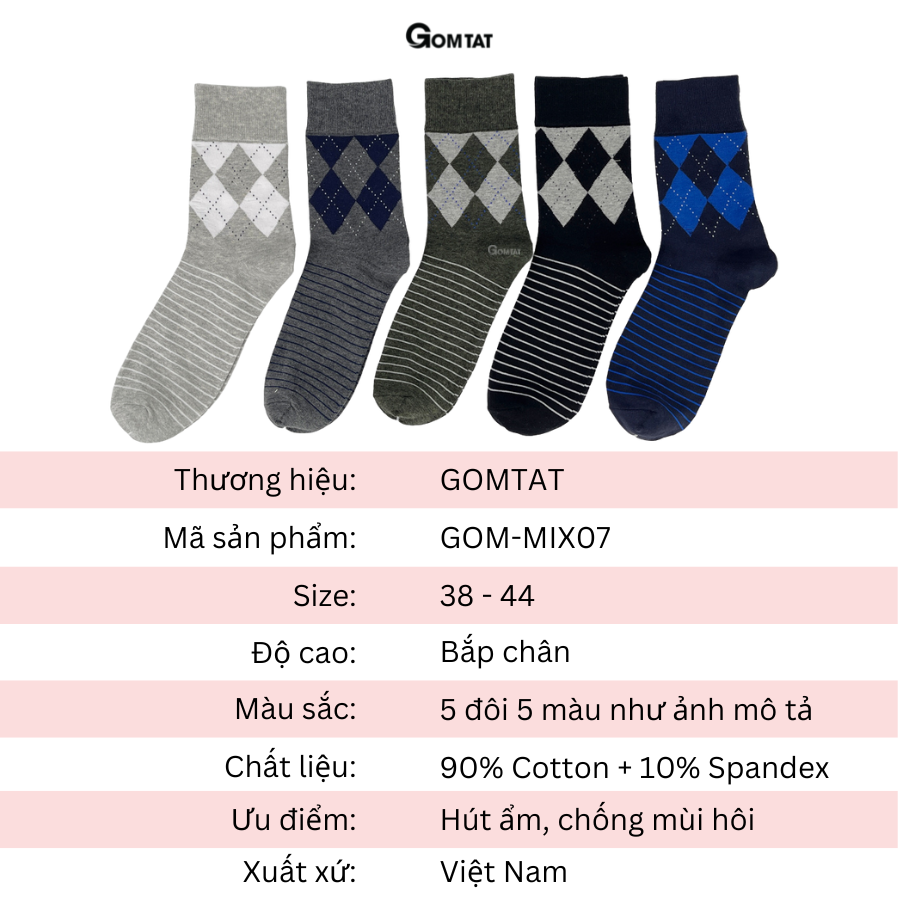 Hộp 5 đôi tất nam cổ cao công sở GOMTAT cao cấp mẫu MIX07, chất liệu cotton mềm mại, hút ẩm thoáng khí - GOM-MIX07-CB5
