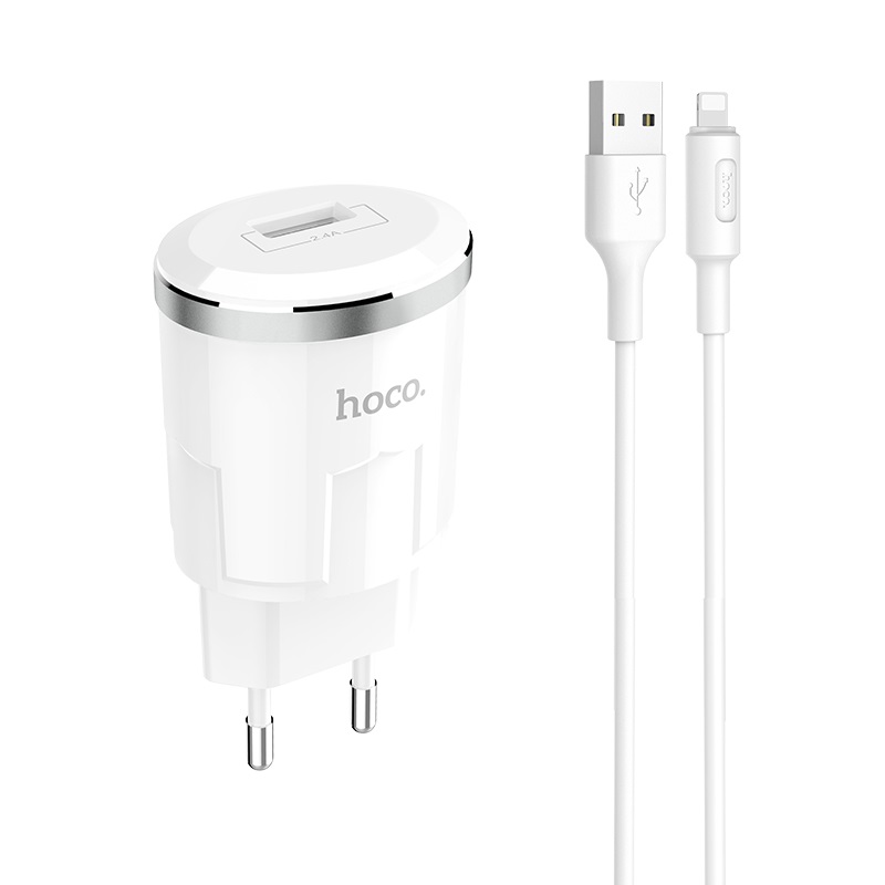 Bộ sạc nhanh 2.4A Hoco C37A chuôi tròn 1 cổng USB kèm dây sạc Lightning dài 1M cho iPhone/iPad - Hàng chính hãng