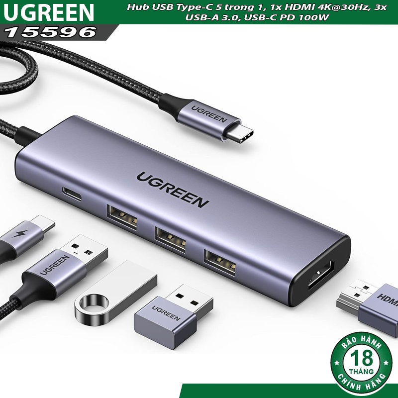 Hub USB Type-C 5 trong 1 Ugreen 15596 CM511, 1x HDMI 4K@30Hz, 3x USB-A 3.0, USB-C PD 100W hàng chính hãng