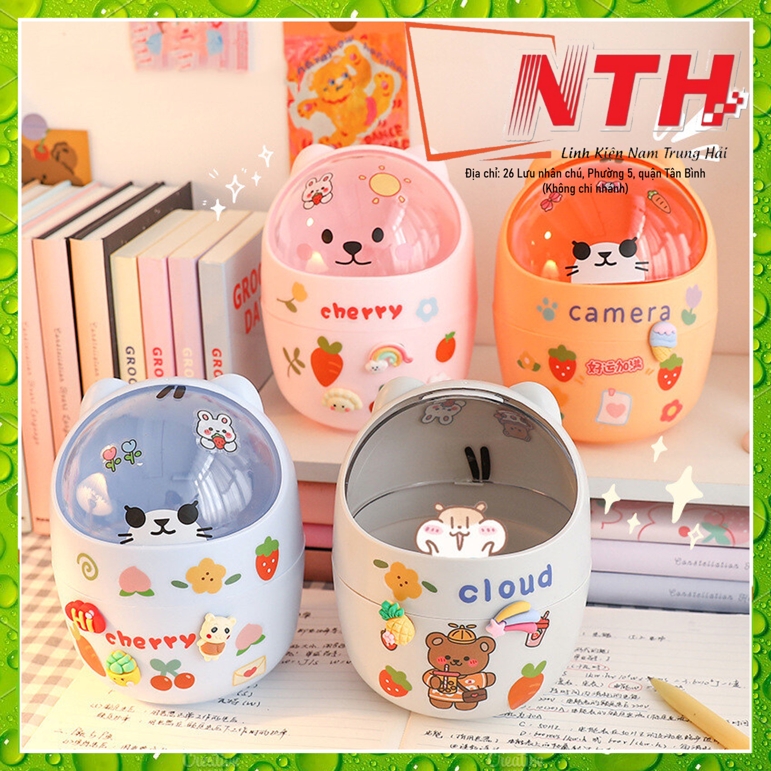 Thùng rác mini có nắp đậy để bàn hình gấu mèo cute sọt đựng rác thông minh dễ thương văn phòng phẩm