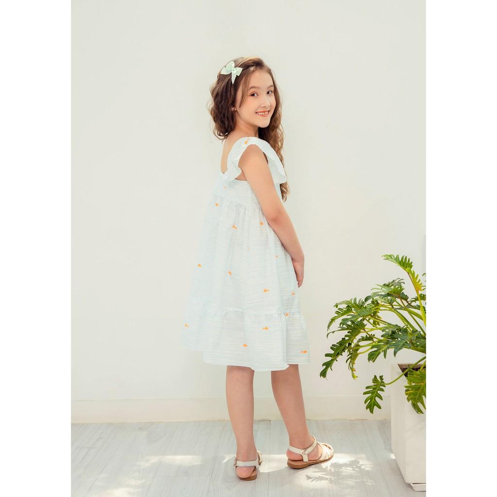 Váy đầm bé gái BYZU, chất vải cotton màu xanh biển, họa tiết cá xinh xắn