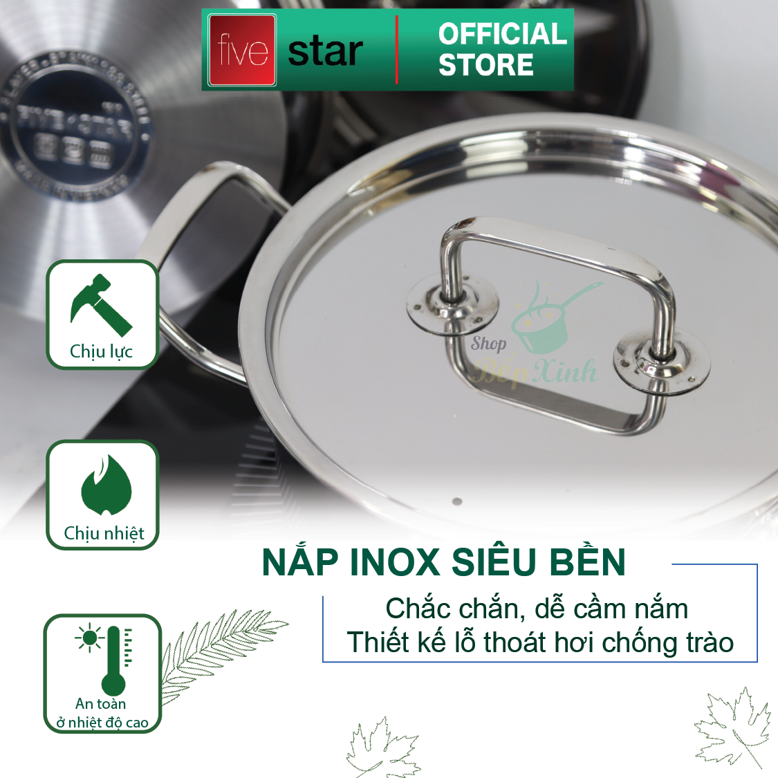 Bộ nồi quánh 3 đáy inox 430 Fivestar Standard bếp từ nắp inox , tặng 5 muỗng