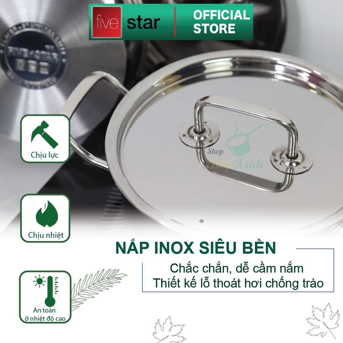 Bộ nồi quánh 3 đáy inox 430 Fivestar Standard bếp từ nắp inox (1 quánh 16cm x 1 nồi 18cm x 1 nồi 20cm ) , tặng 5 muỗng