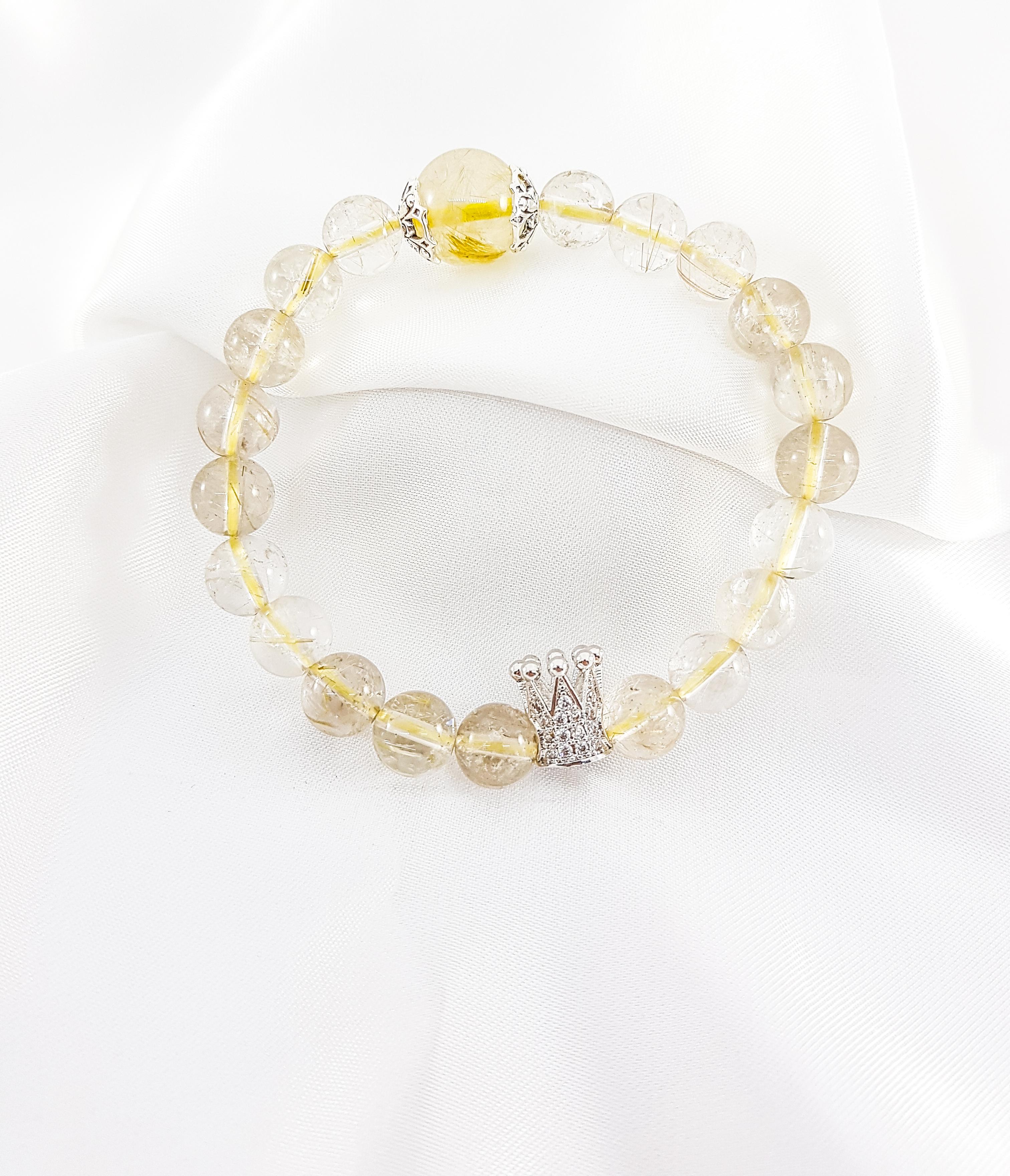 Vòng tay mệnh kim, thủy đá thạch anh tóc tiên mix charm vương niệm