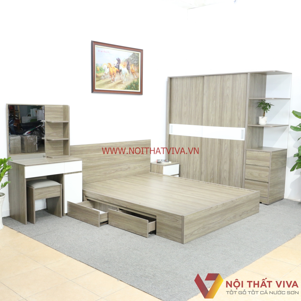 Bộ Combo Phòng Ngủ Gỗ MDF Melamine Màu Xám Phối Trắng Đẹp Hiện Đại