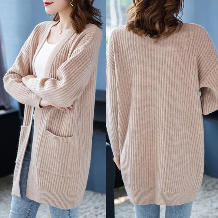 Áo khoác len cardigan dáng dài có túi xinh xắn phong cách Hàn Quốc