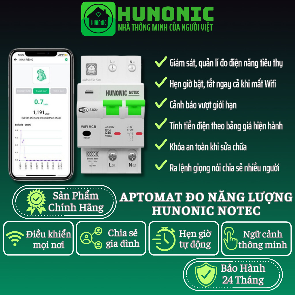 Aptomat Thông Minh Đo Năng Lượng Hunonic-Theo Dõi Lượng Điện Tiêu Thụ Điều Khiển Từ Xa Qua Wifi-Hàng Chính Hãng