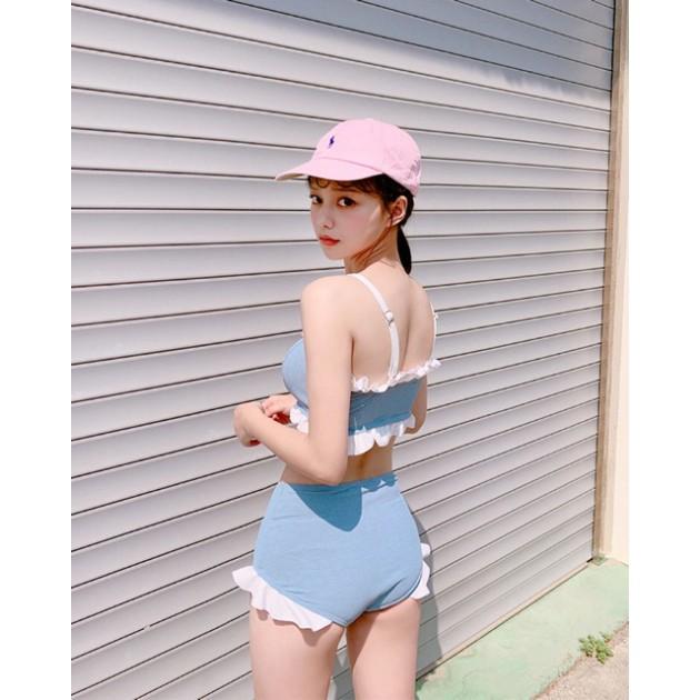 Bikini, đồ bơi 2 mảnh áo ống xanh dễ thương