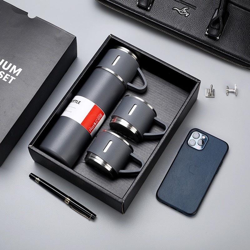 Bình Giữ Nhiệt Cao Cấp 500ML Lõi Inox 304 Tặng Kèm 2 Cốc Cách Nhiệt, Fullbox Làm Quà Tặng Sang Trọng