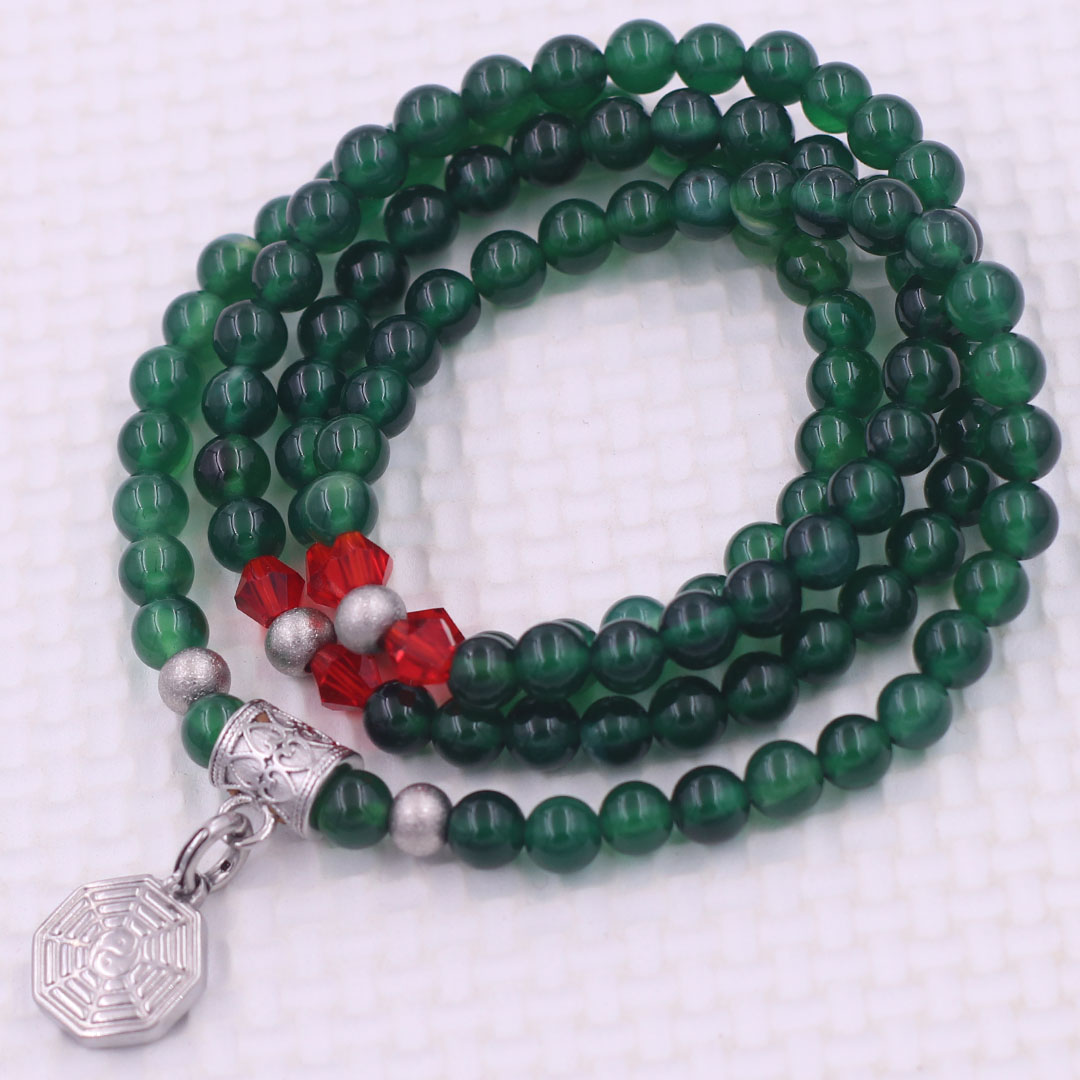 Vòng chuỗi 108 hạt đá thạch anh xanh lá 6 ly charm bát quái inox - vòng chuỗi niệm Phật, vòng tay chuỗi hạt