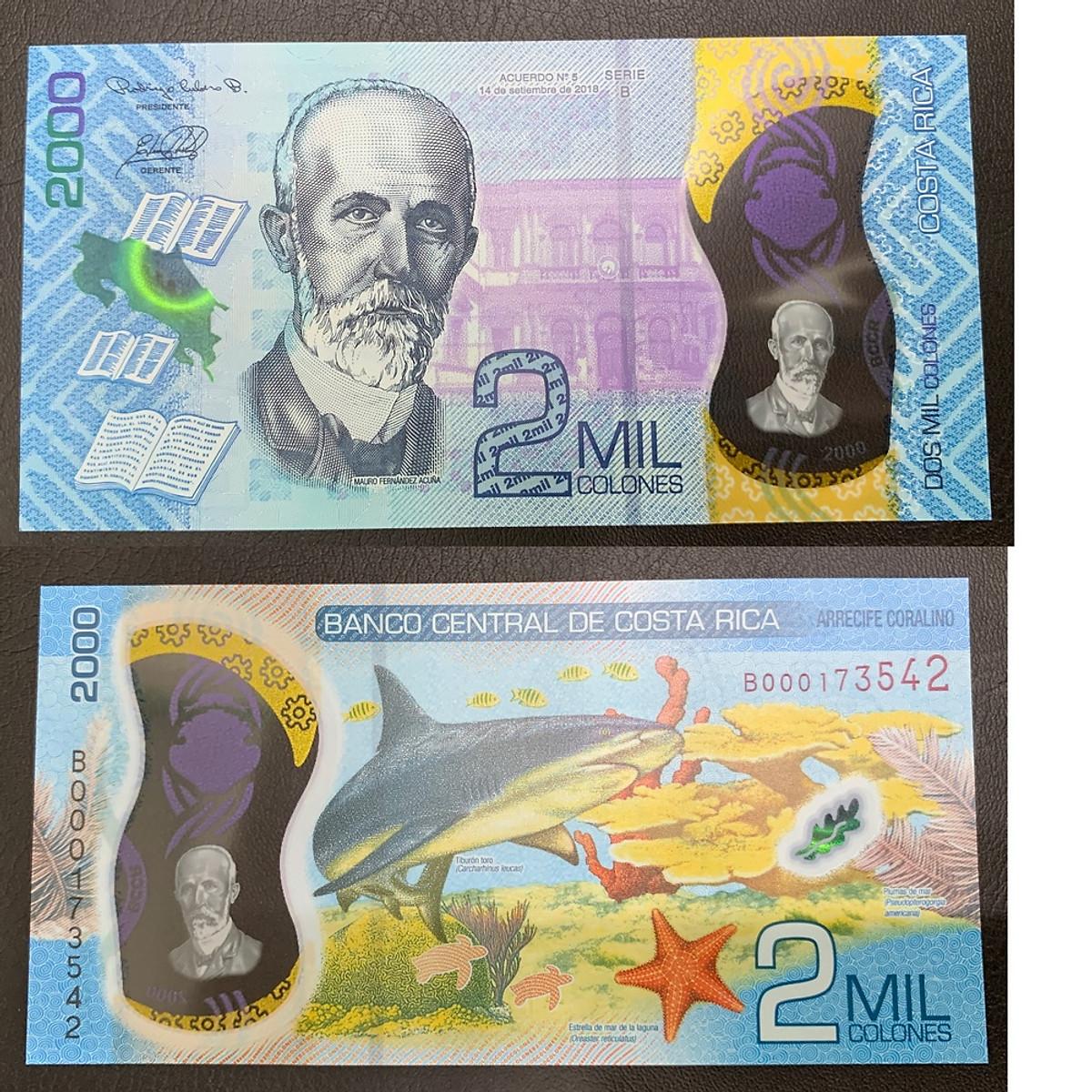 Tờ tiền polyme của Costa Rica 2000 Colones hình cá mập , tiền châu Mỹ , Mới 100% UNC, sưu tầm