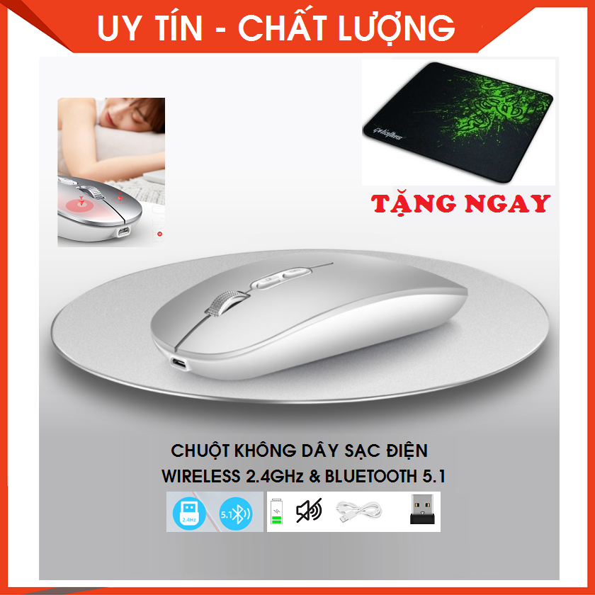 (TẶNG LÓT CHUỘT CAO CẤP) Chuột không dây sạc điện Wireless 2.4GHz và Bluetooth 5.1 không tiếng ồn, điều chỉnh độ nhạy_kết nối đa thiết bị - Chuột Bluetooth_Chuột không dây_Chuột sạc điện