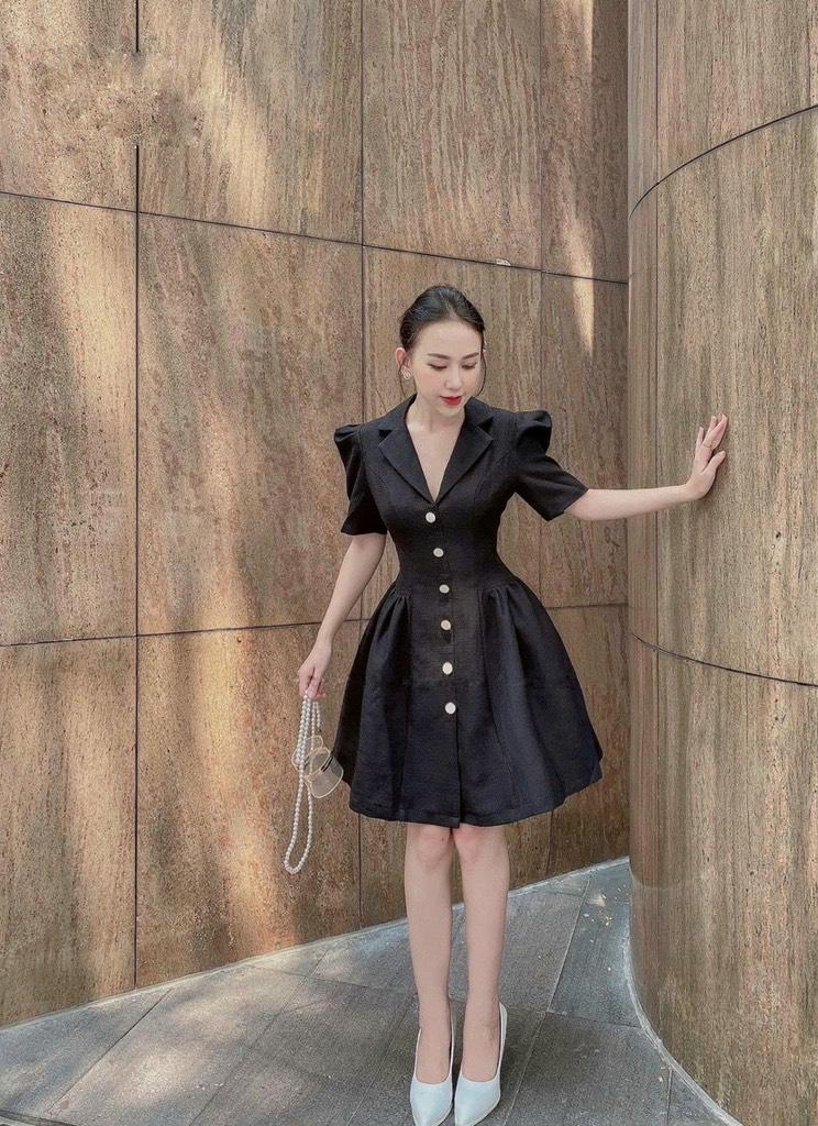 ĐẦM XÒE CỔ VEST PHỐI NÚT TAY PHỒNG 11494