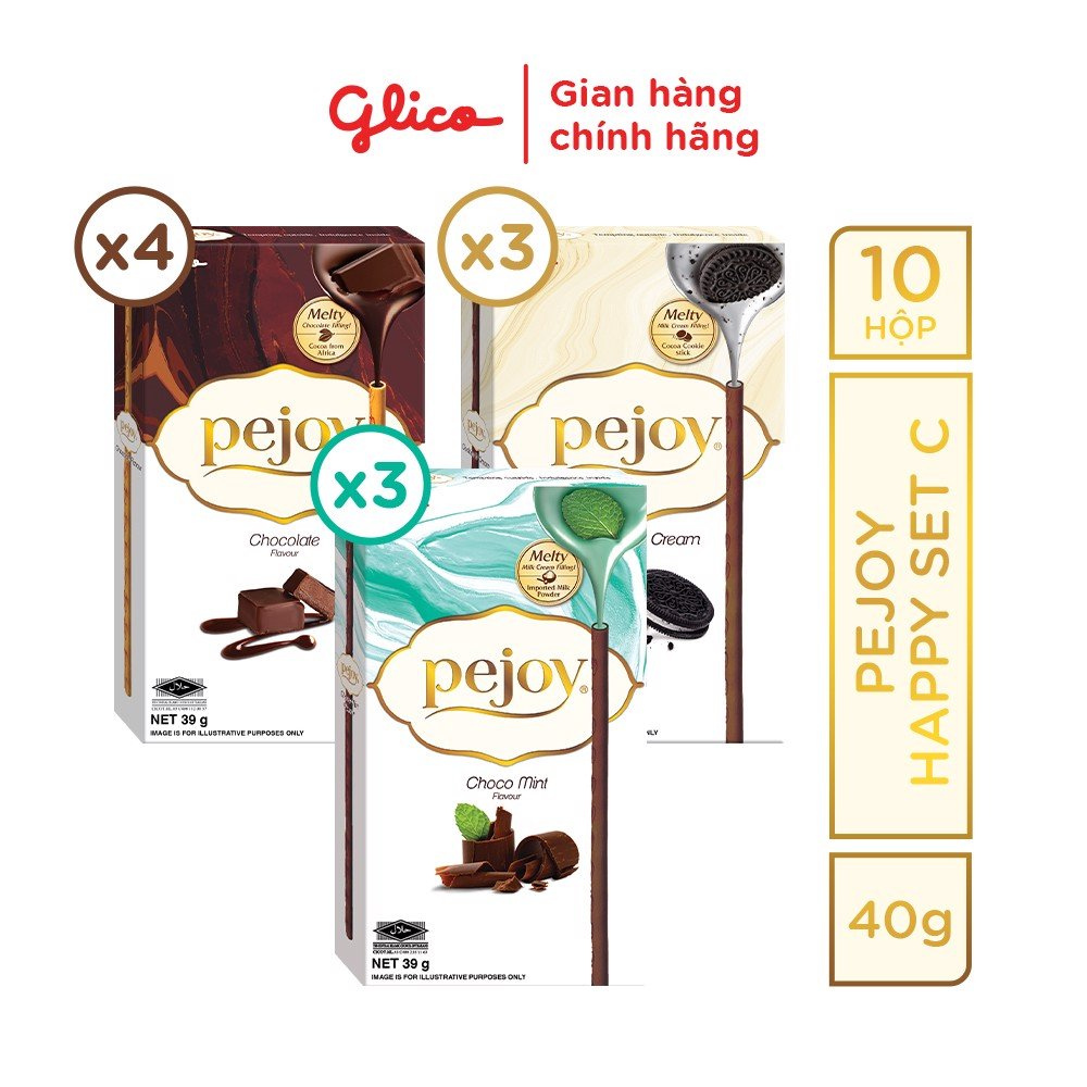 Bánh que nhân kem mix vị GLICO Pejoy (Combo Full Happiness 10 hộp - 4 Chocolate 3 Cookies &amp; Cream 3 Choco Mint)