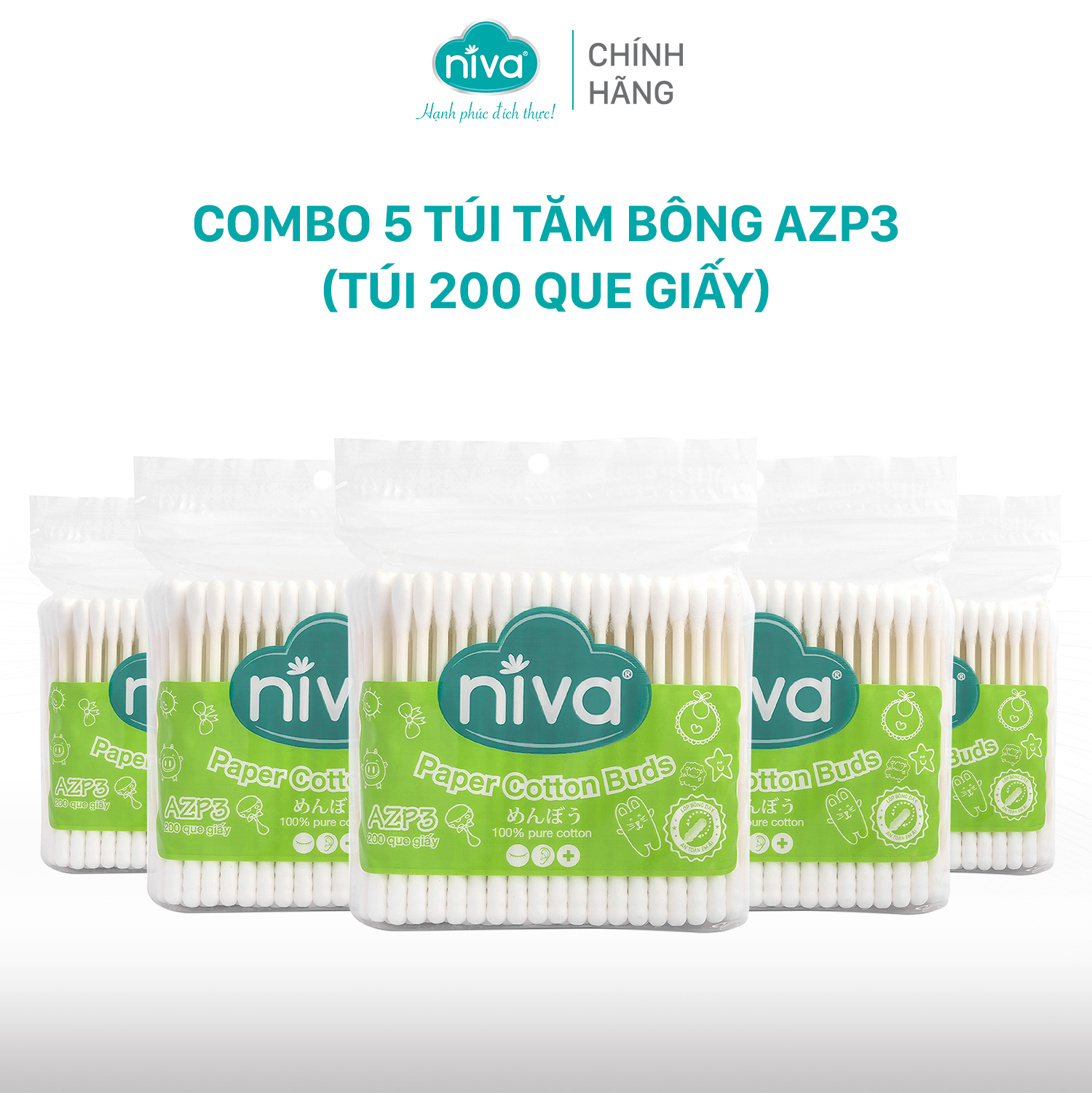 Combo 5 Tăm Bông Niva Túi 200 Que Thân Giấy AZP3 Đa Năng Chuyên Dùng Ngoáy Tai, Vệ Sinh, Trang Điểm, Thân Thiện Môi Trường