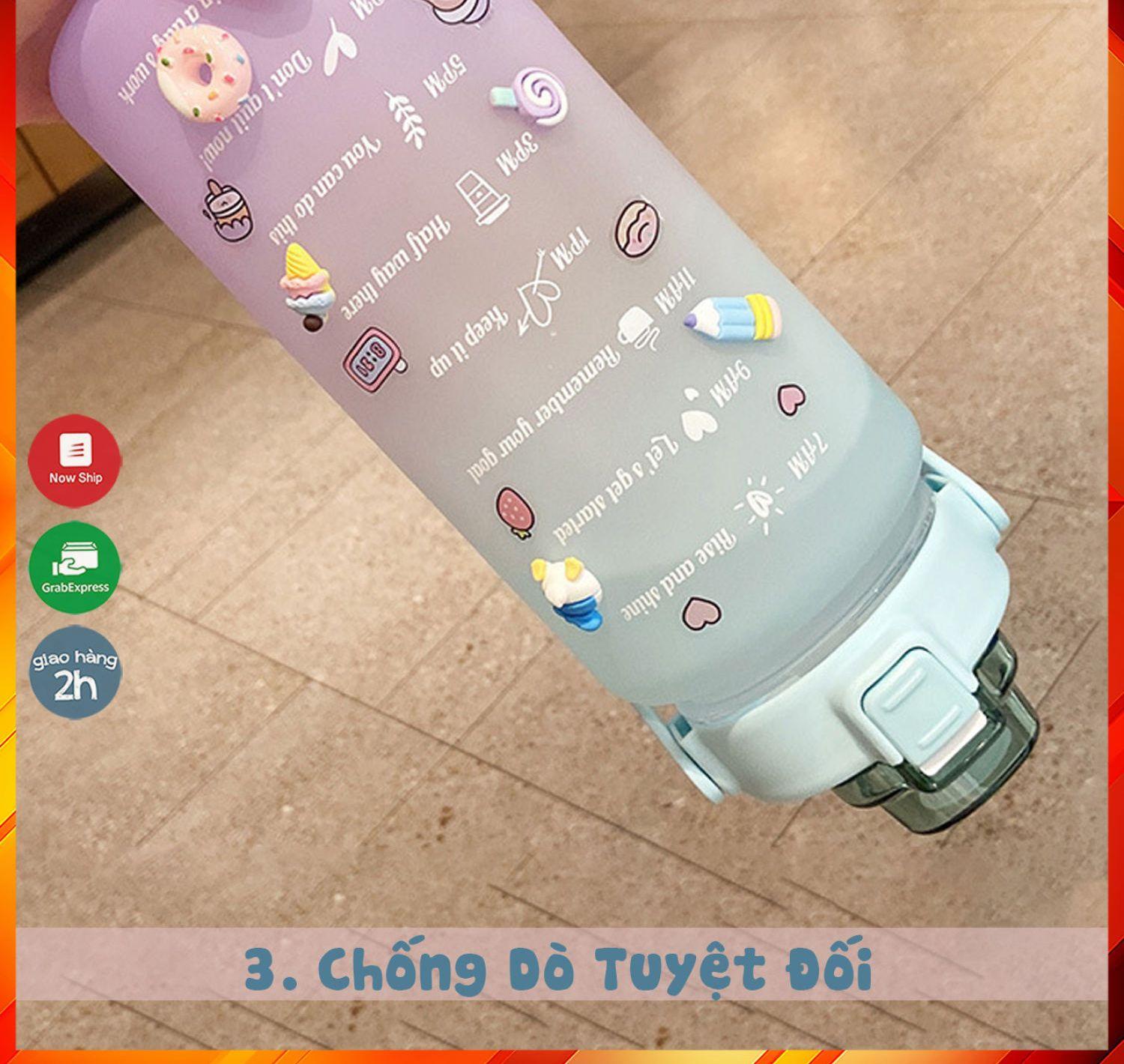 Bình đựng nước 2L dễ thương chia vạch báo giờ nhắc uống nước T3M tặng Sticker bình nước 2lit có ống hút tiện lợi