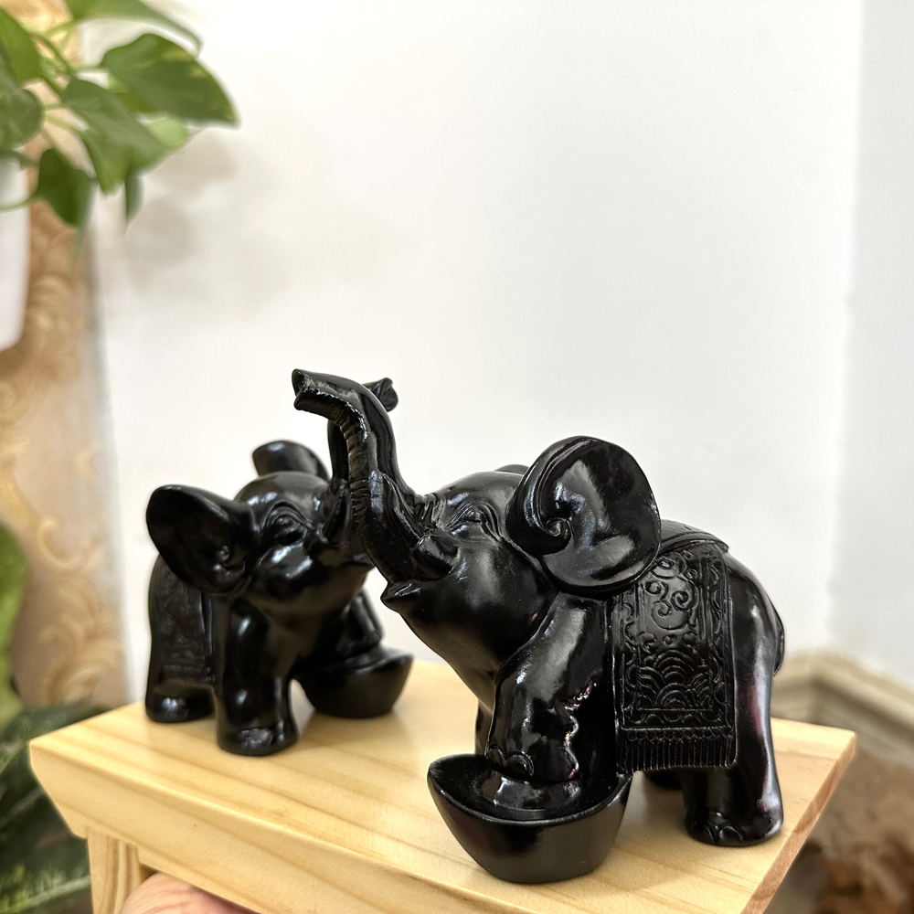 Combo 2 Tượng con voi đá trang trí phong thủy bàn làm việc - Màu đen tuyền - Chiều cao 11cm