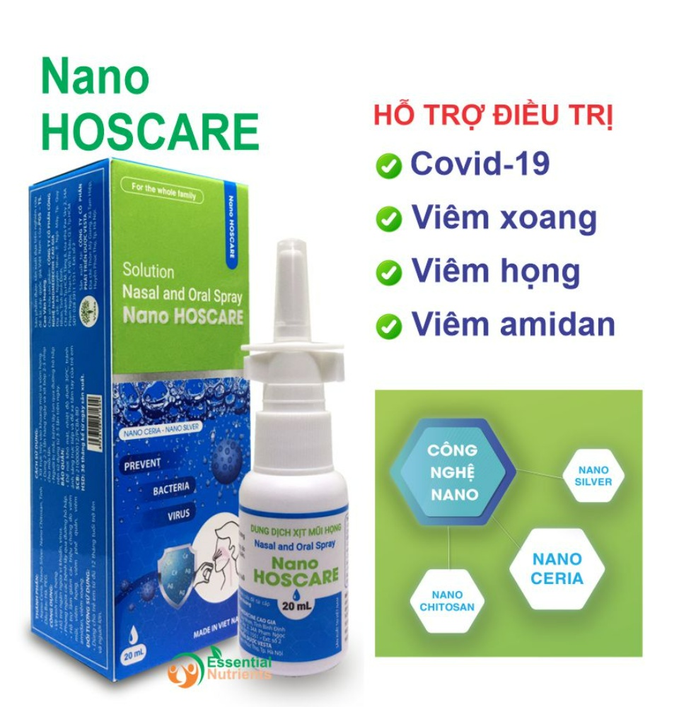 Nano HOSCARE 20ml - Bình xịt mũi họng kháng khuẩn, hỗ trợ giảm viêm xoang, viêm mũi, viêm họng, viêm amidam