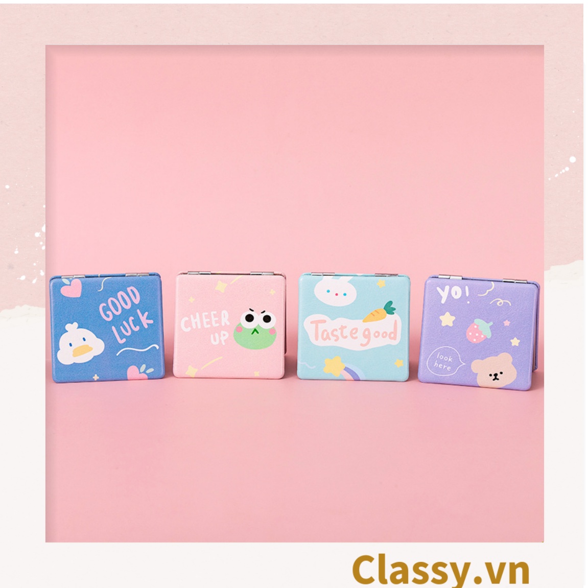 Gương trang điểm cầm tay mini 2 mặt bỏ túi, Gương cầm tay mini Hàn Quốc siêu cute, Gương hoạt hình PK570