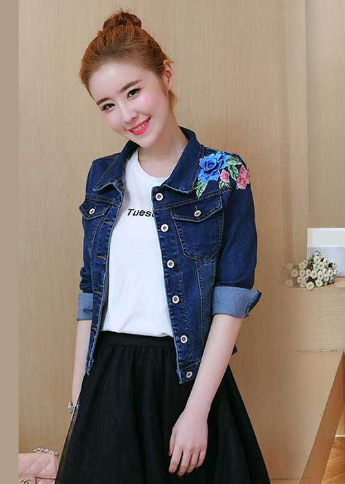 Áo Khoác Jean Nữ Dài Tay Vai Thêu Hoa