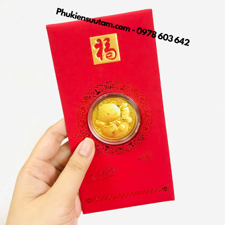 Combo 10 Bao Lì Xì Hình Con Mèo Thần Tài Mạ Vàng VIP, kích thước: 17cmx8cm, màu đỏ - SP005924