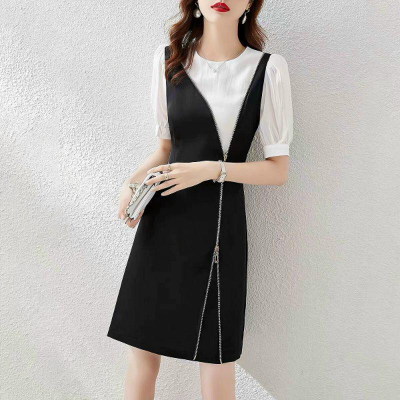 HÀNG NHẬP - ĐẦM SUÔNG PHỐI TRẮNG ĐEN KHÓA KÉO