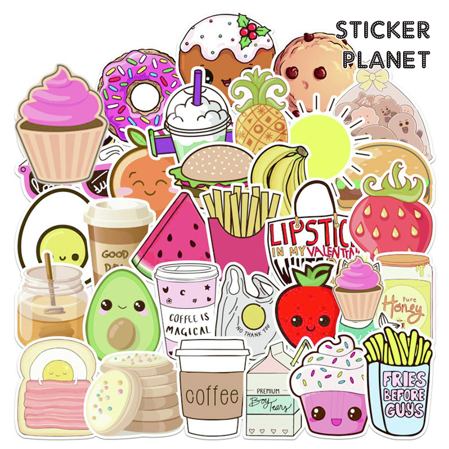 Bộ sticker đồ ăn nhanh fastfood chống thấm nước trang trí mũ bảo hiểm, đàn, guitar, ukulele, điện thoại laptop