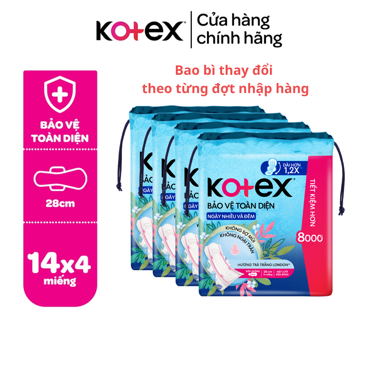 Lốc 4 Gói băng vệ sinh Kotex Bảo Vệ Toàn Diện Ngày Nhiều và Đêm 28cm Siêu Mỏng Cánh 14 miếng/gói [Bao bì thay đổi theo từng đợt nhập hàng