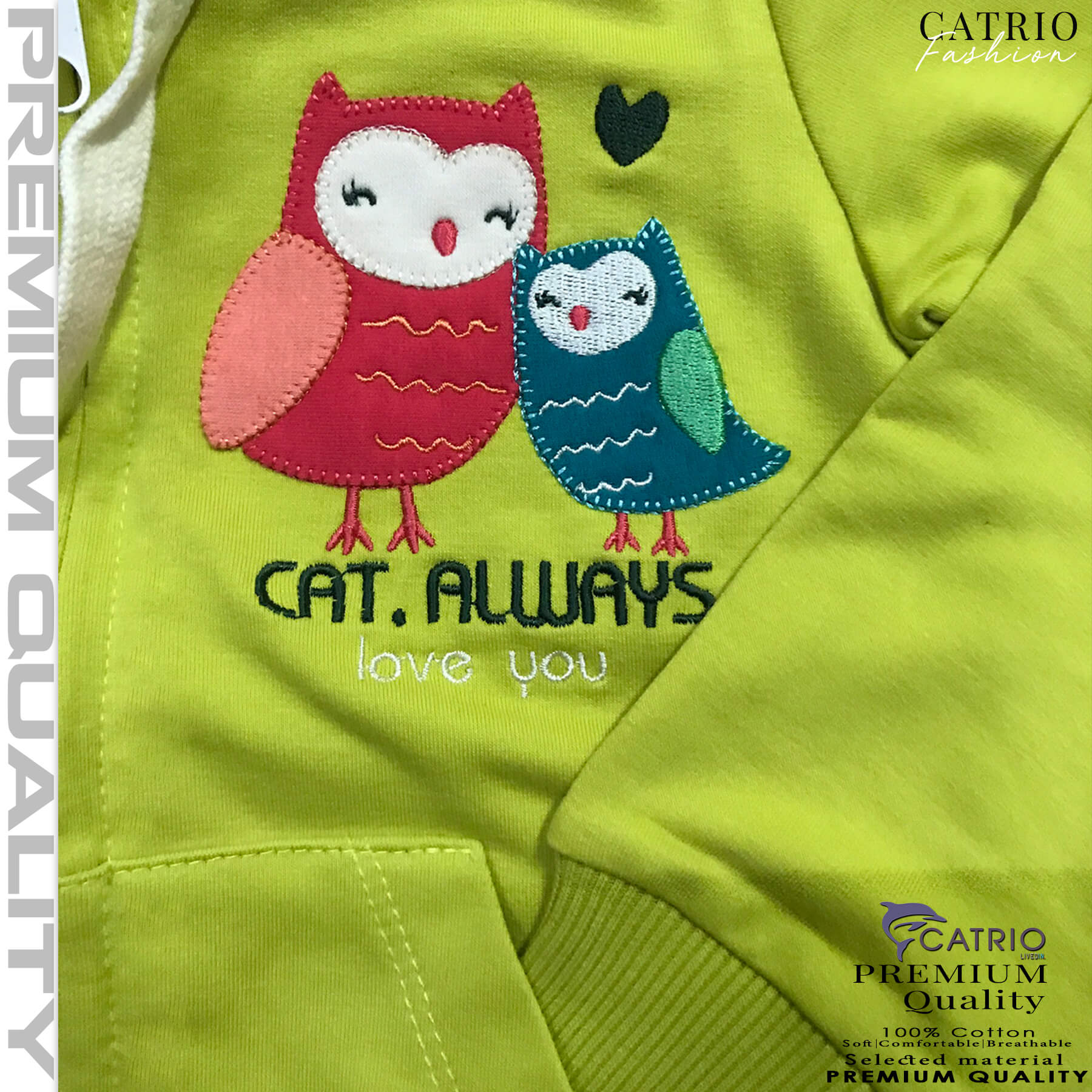 ÁO KHOÁC TRẺ EM CATRIO THÊU CHIM CÚ MÈO là áo khoác thun nhẹ cho bé từ 1 tuổi đến 8 tuổi , vải 100% cotton dệt kiểu da cá, có mũ, có khoá kéo phù hợp bé mặc khoác ngoài khi lạnh