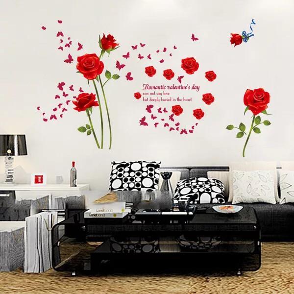 Decal trang trí tường 4 nhành Hoa Hồng Đỏ và Bướm Đỏ
