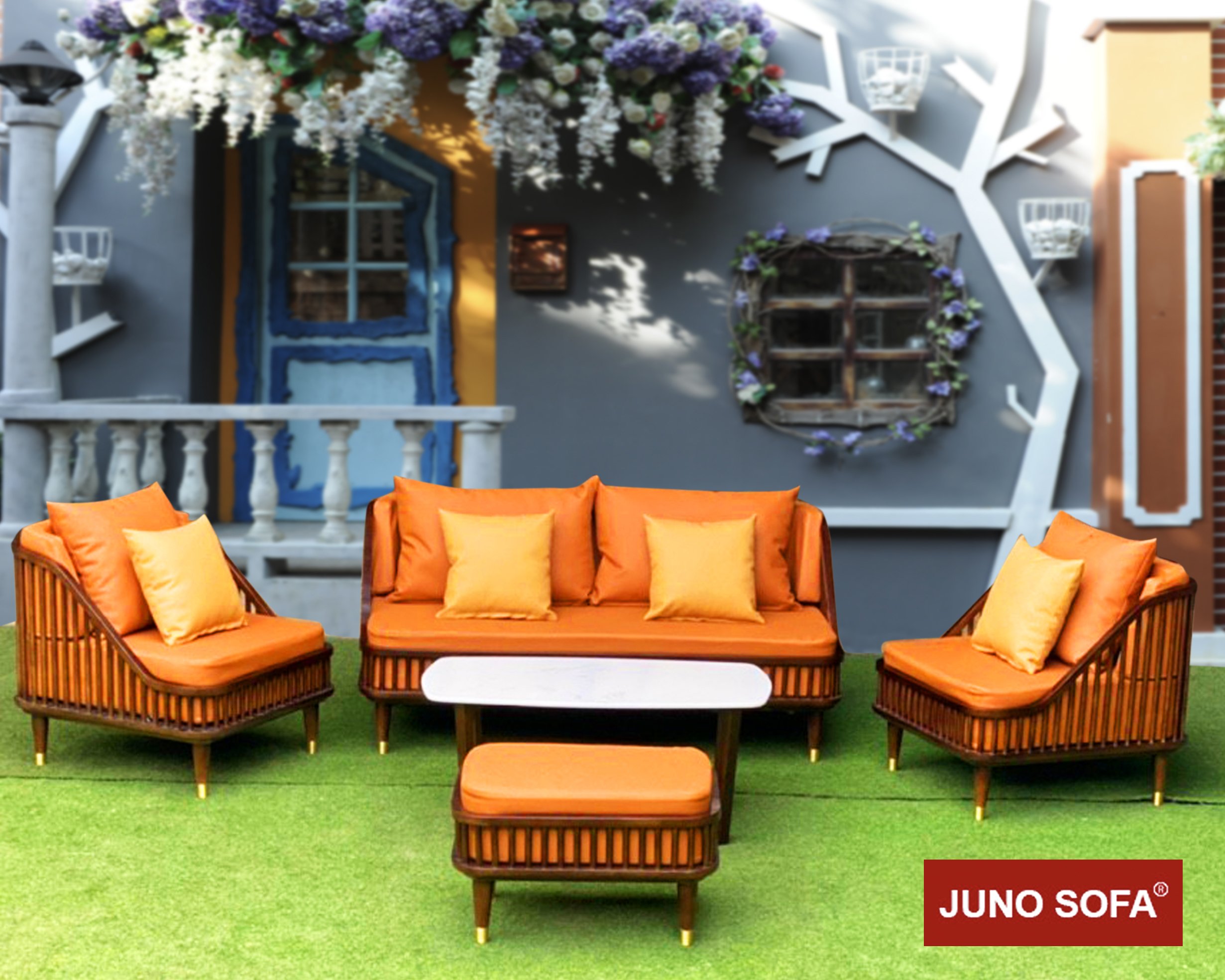 Bộ sofa Cao Cấp Bắc Âu Juno Sofa. băng 1m8, 2 đơn, đôn và bàn