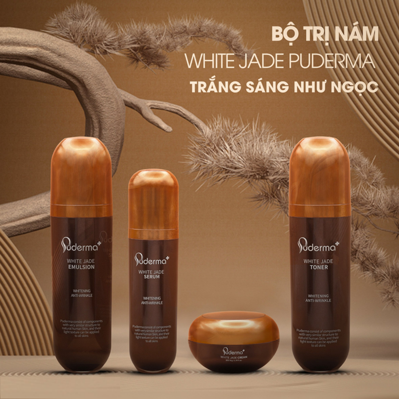 Kem Xóa NÁM WHITE JADE PUDERMA 50ml: làm mờ vết thâm sạm, nám, tàn nhang từ sâu bên trong, giúp làn da trắng sáng, căng bóng, nâng cơ săn chắc và đẩy lùi quá trình lão hoá cũng như làm mềm da nhanh chóng.