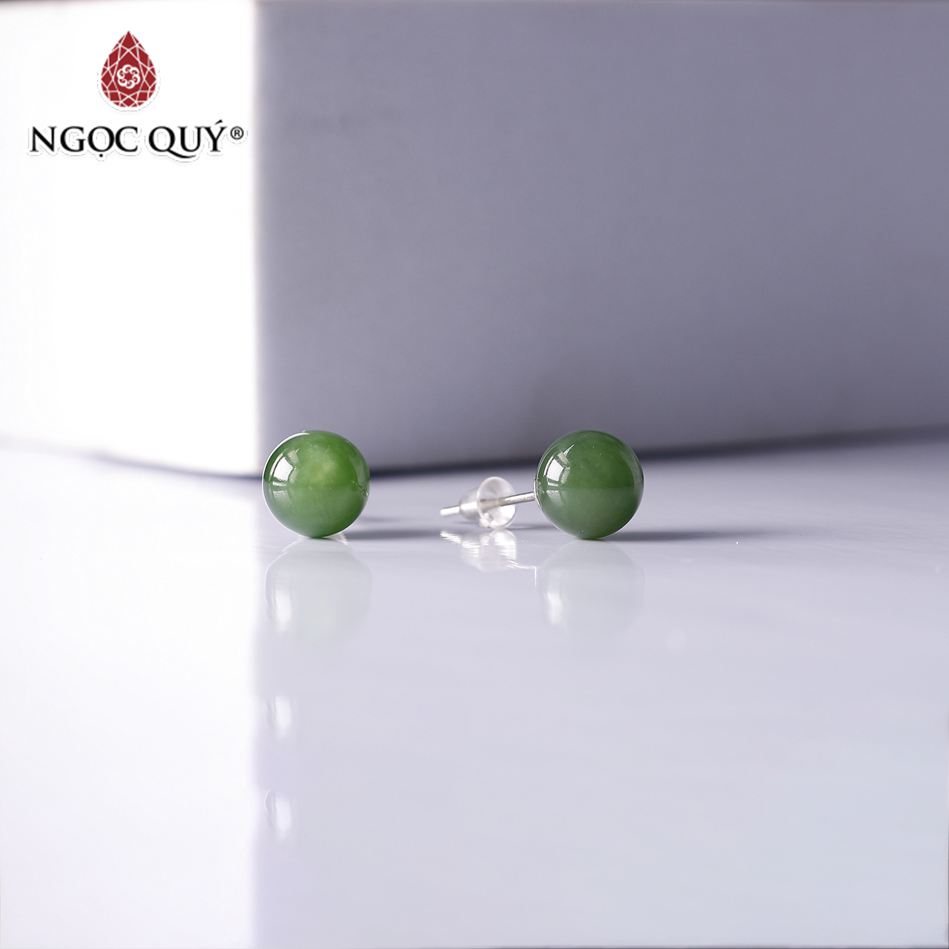 Bông tai bạc hạt đá ngọc bích 8mm mệnh hỏa, mộc - Ngọc Quý Gemstones