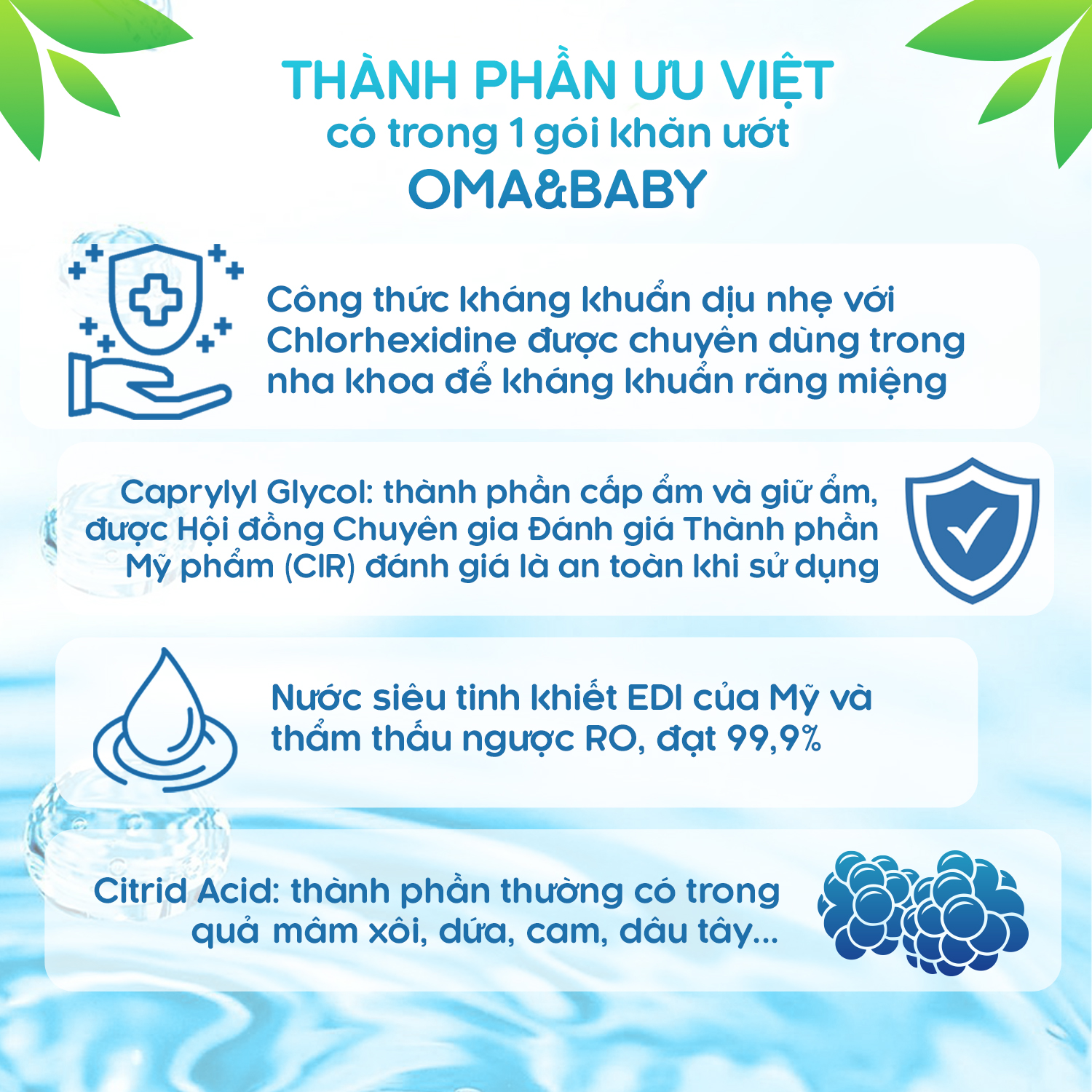 Khăn ướt làm sạch tinh khiết dành cho bé Oma&Baby với công thức Chlorhexidine Digluconate kháng khuẩn an toàn, dịu nhẹ trong khăn ( 85 tờ ) - Oma&Baby premium baby wet wipes ( 85 sheets per package)